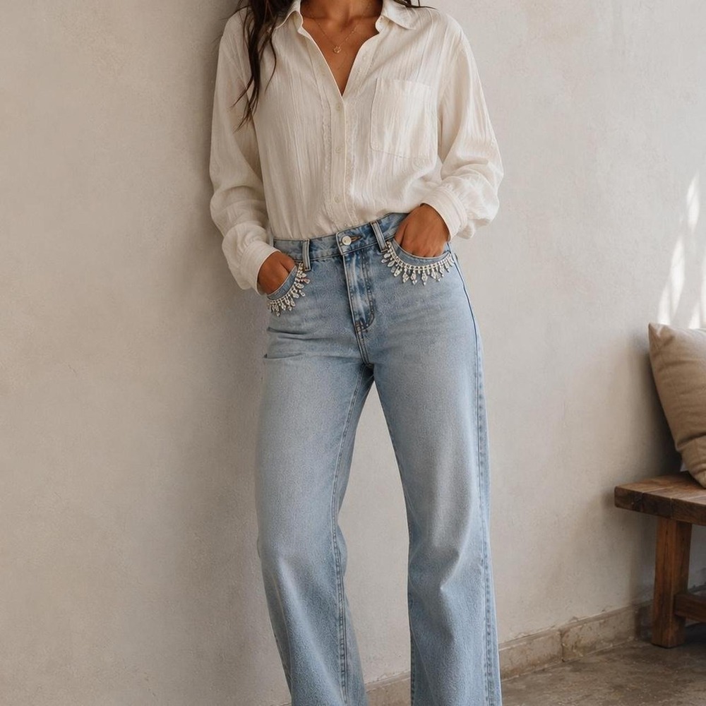 Light wash denim jeans with rhinestone embellished pockets